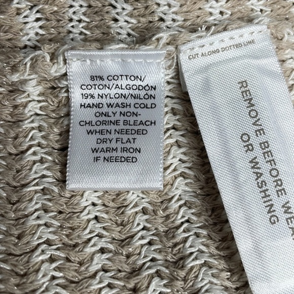 𝅺nwt Loft textured open front sleeveless cardigan.  Fringe. Tan & white. Medium - Picture 9 of 9